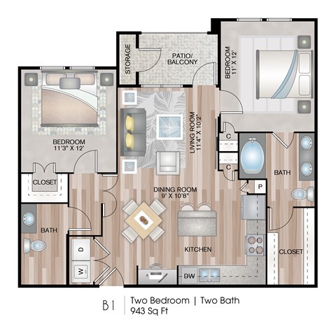 943 Square Foot 2 Bedroom Apartment Floor Plan